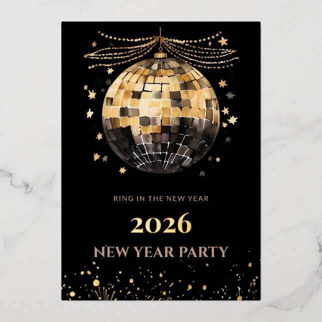En Aluminium Elegant Black and Gold New Year Invitation Card (Recto)