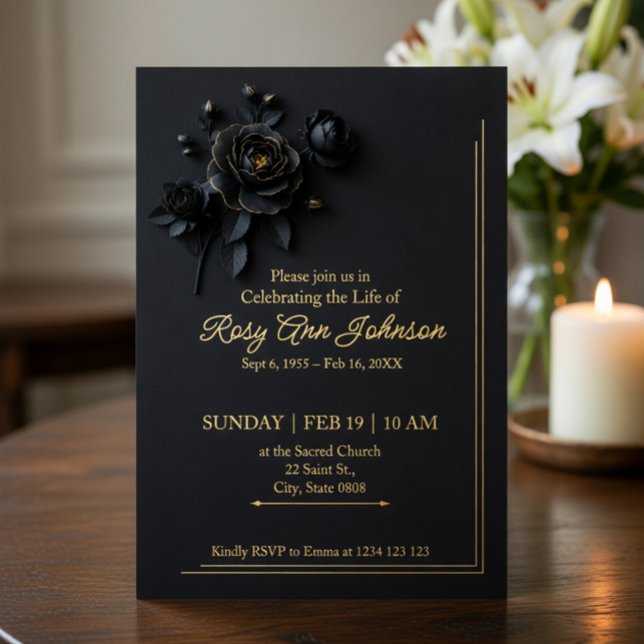 En Aluminium Elegant Black & Gold Floral Memorial Invitation  (Créateur téléchargé)