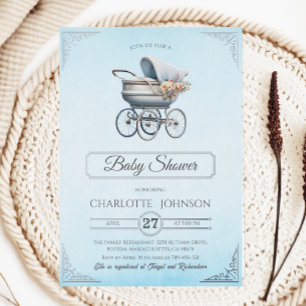 En Aluminium Elégant Blue Vintage Foil Baby shower Invitation