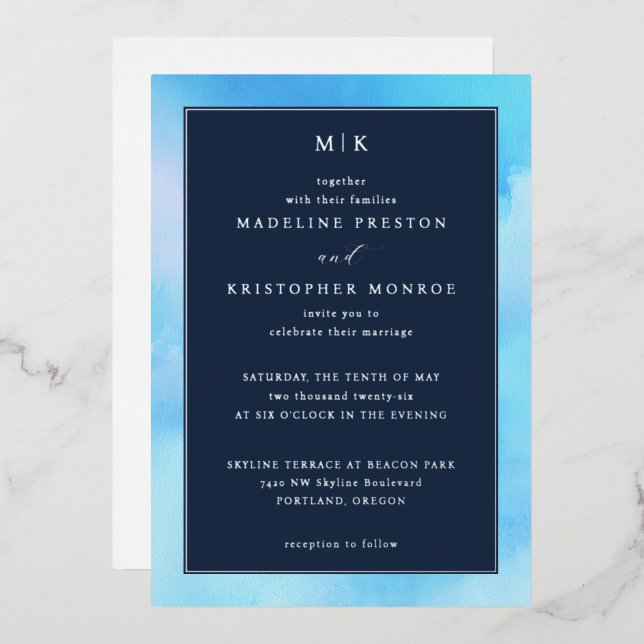 En Aluminium Elegant Blue Watercolor Wedding Invitation (Recto/Verso)