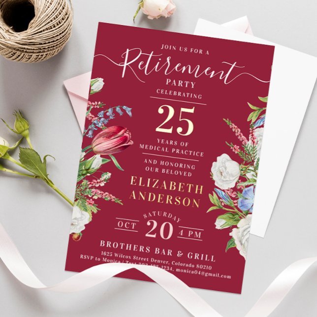 En Aluminium Élégant Burgundy Retraite Floral Foil Invitation (Créateur téléchargé)