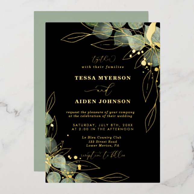 En Aluminium Elégant Eucalyptus Mariage Gold Foil Invitation (Recto/Verso)