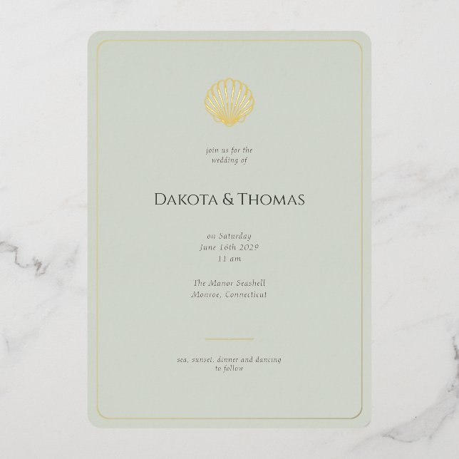 En Aluminium Elegant Gold Seashell Sage Wedding invitation (Recto)