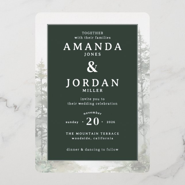 En Aluminium Elegant Green Pine Tree Wedding Invitation (Recto)