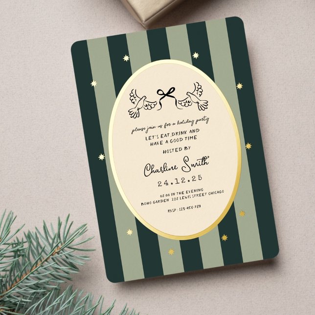 En Aluminium Élégant Green Striped Holiday Party Invitation (Créateur téléchargé)