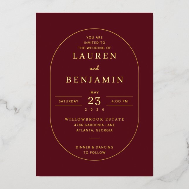 En Aluminium Elegant Maroon Gold Wedding Invitation (Recto)