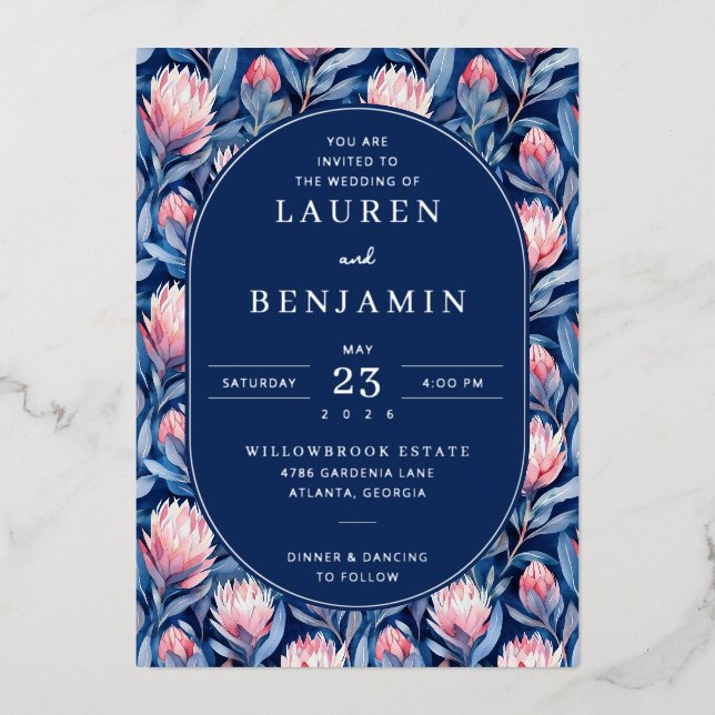 En Aluminium Elegant Navy Floral Wedding Invitation (Recto)