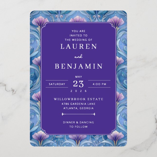 En Aluminium Elegant Purple Floral Wedding Invitation (Recto)