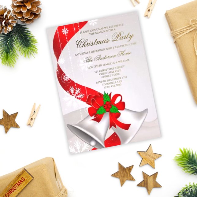 En Aluminium Elegant Red Loop Silver Bells Christmas Invitation (Créateur téléchargé)