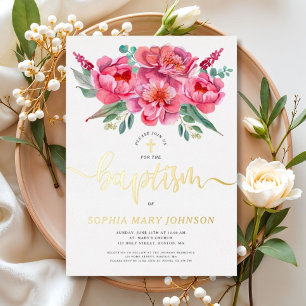 En Aluminium Élégant rose floral Baptême or Foil Invitation