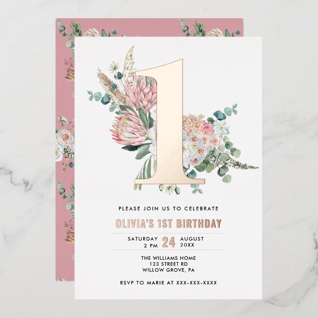En Aluminium Elégant rose florale 1er anniversaire Invitation (Recto/Verso)