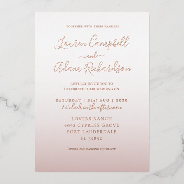 En Aluminium Elégant Rose Mariage or Foil Invitation (Recto)