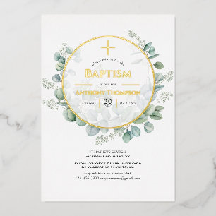 En Aluminium Eucalyptus Géométrique Baptême Foil Invitation