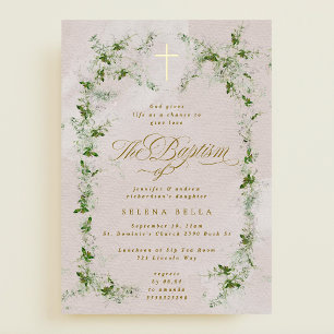 En Aluminium Eucalyptus Gold Cross Wreath Baptism Invitation Fo