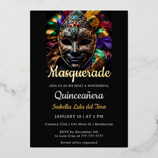 En Aluminium Fabuleux Masquerade Anniversaire Foil Invitation (Recto)