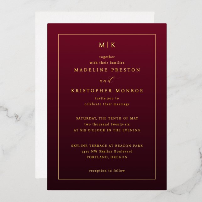 En Aluminium Faire invitation de mariage bordeaux et or (Recto/Verso)