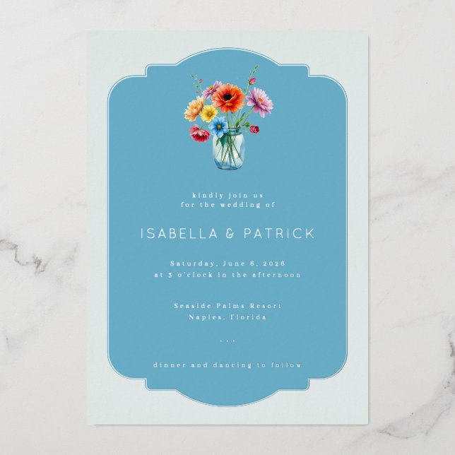 En Aluminium Faire invitation de mariage florale bleue (Recto)
