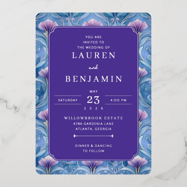 En Aluminium Faire invitation de mariage florale violette (Recto)