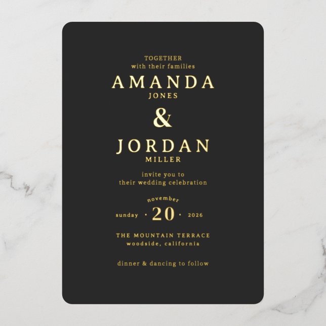 En Aluminium Faire invitation de mariage noir et or (Recto)