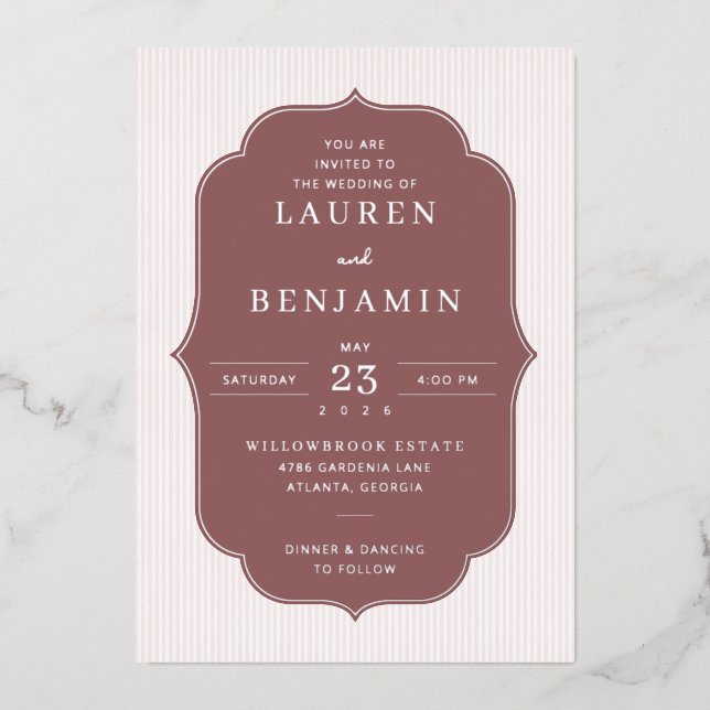 En Aluminium Faire invitation de mariage rayée bordeaux (Recto)