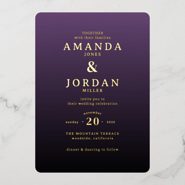 En Aluminium Faire invitation de mariage violet et or (Recto)