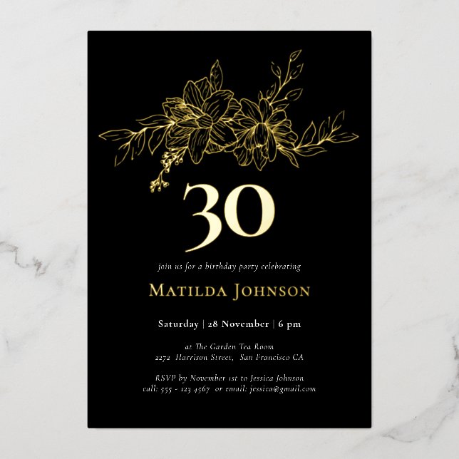 En Aluminium Floral 30e anniversaire Gold Foil Invitation (Recto)