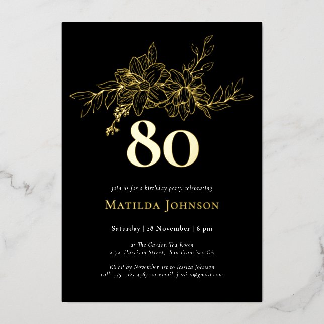 En Aluminium Floral 80e anniversaire Gold Foil Invitation (Recto)