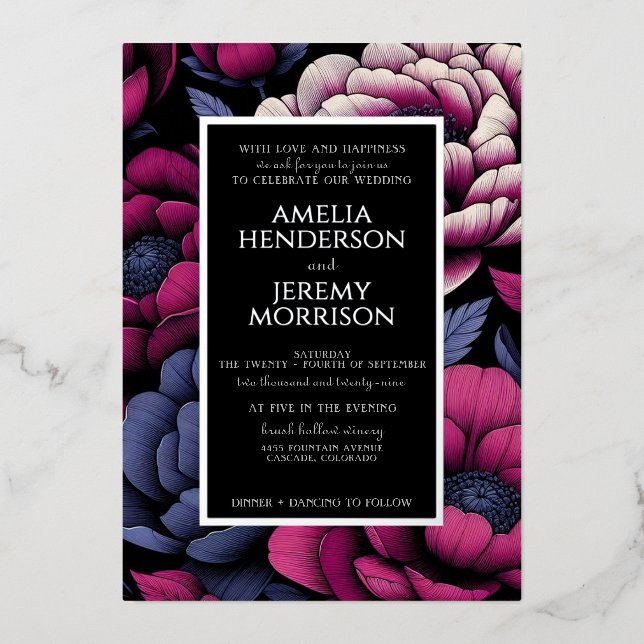 En Aluminium Floral rose gras avec détails Foil Invitation (Recto)