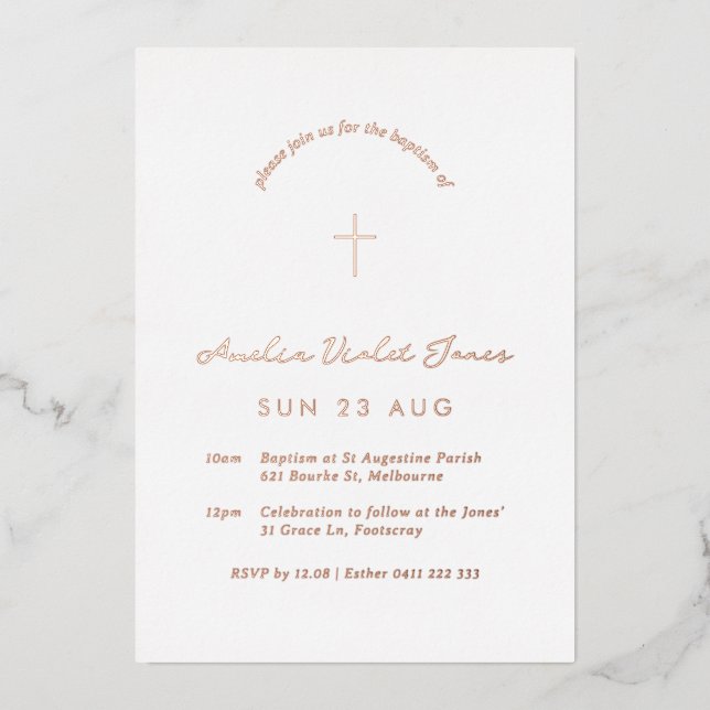En Aluminium Foil Baptême minimal Christening Cross Invitation (Recto)