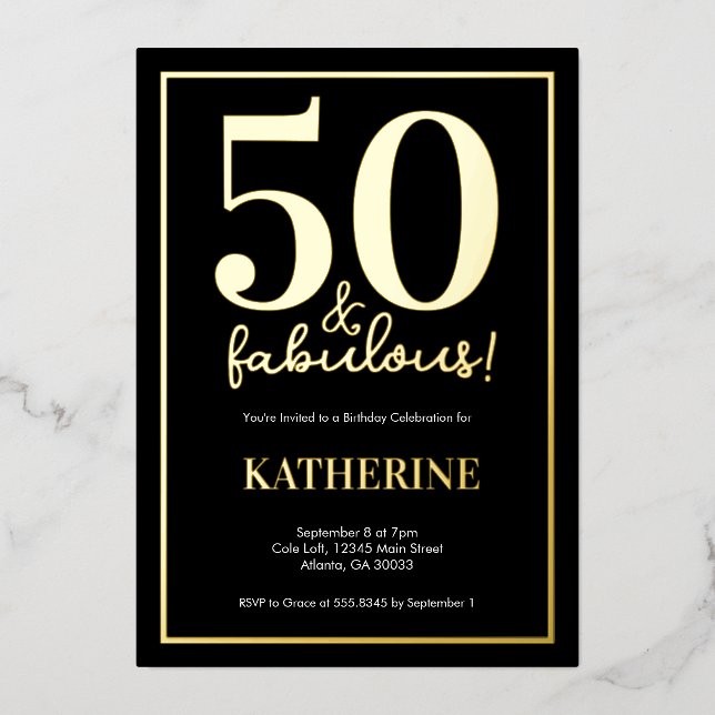 En Aluminium Gold 50 and Fabulous 50th Birthday Foil Invitation (Recto)