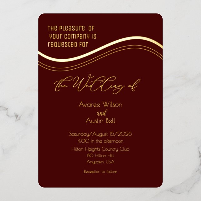 En Aluminium Gold and Burgundy Minimalist Wedding Invitation (Recto)