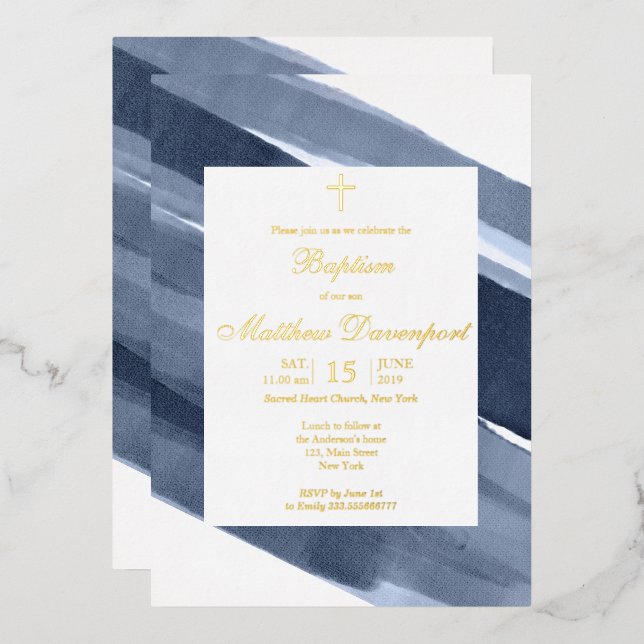 En Aluminium Gold Blue Boy Baptême Foil Invitation (Recto/Verso)