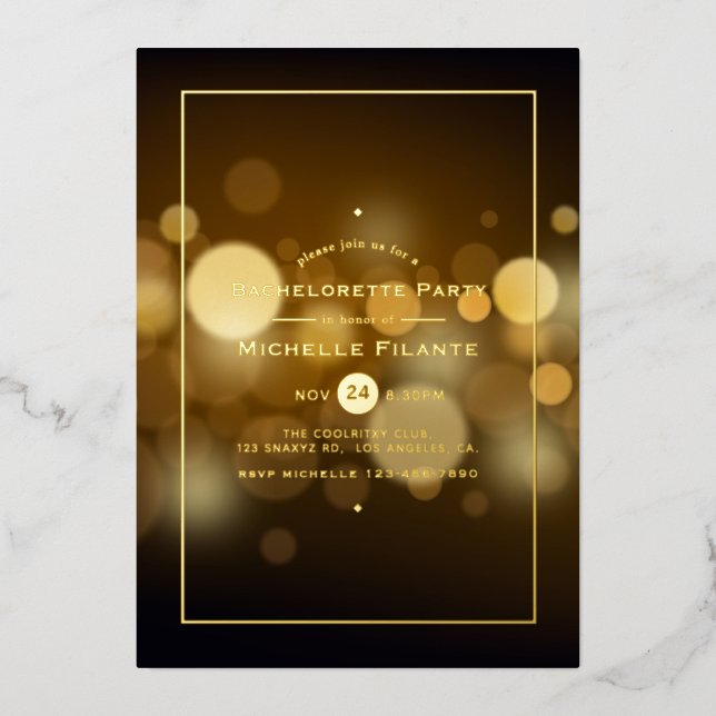 En Aluminium Gold Bokeh Bachelorette Party Foil Invitation (Recto)