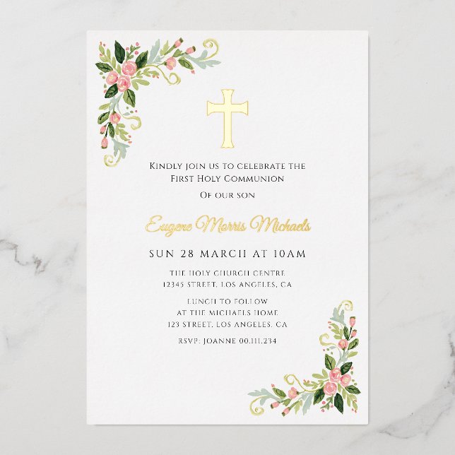 En Aluminium Gold cross floral first communion invitation foil  (Recto)
