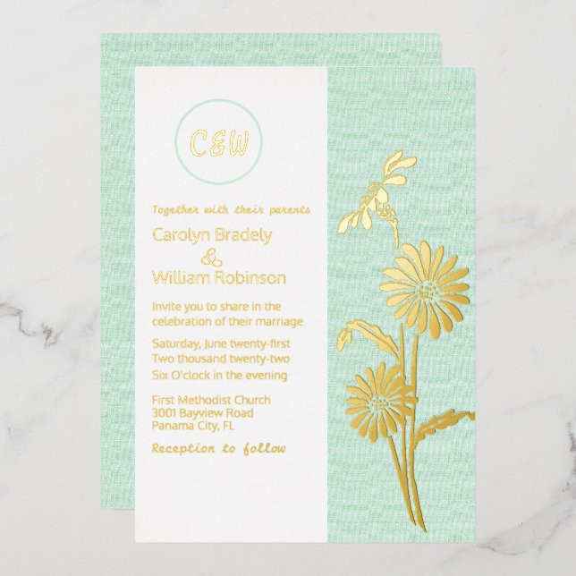 En Aluminium Gold Daisies Monogramme Mariage Foil Invitation (Recto/Verso)