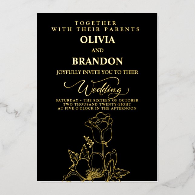 En Aluminium Gold Floral Elegant Wedding Invitation (Recto)