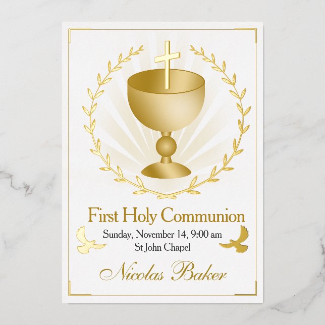 En Aluminium Gold Foil Chalice First Holy Communion Invitation (Recto)