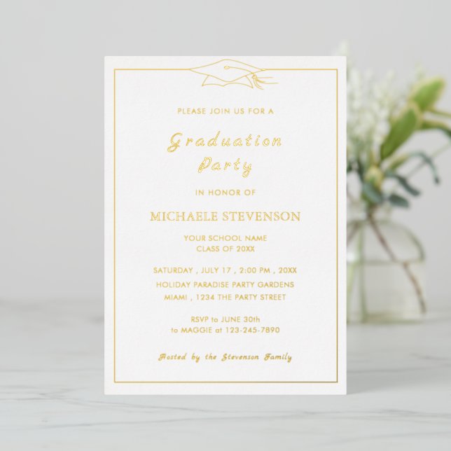 En Aluminium Gold Foil Shiny Luxury Graduation Party Invitation (Debout devant)
