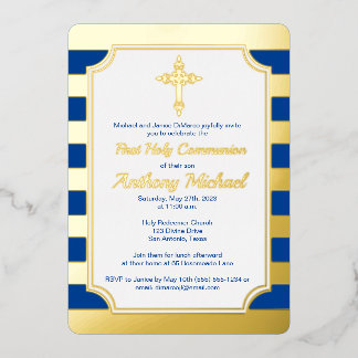 En Aluminium Gold Foil Striped 1er Invitation communion avec cr