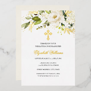 En Aluminium Gold White Floral Girl Baptism Foil Invitation