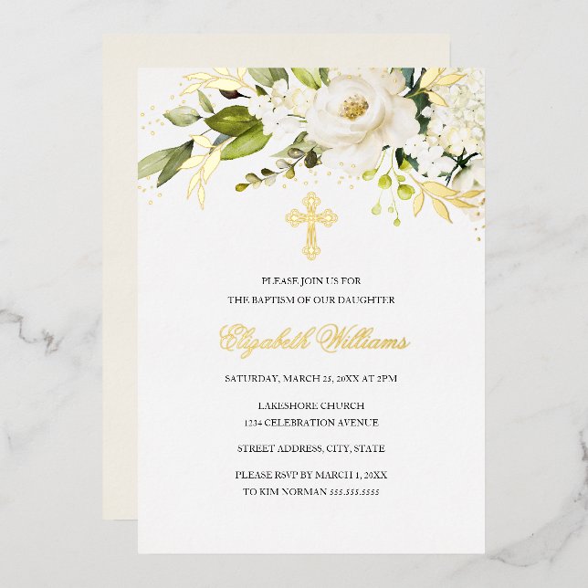 En Aluminium Gold White Floral Girl Baptism Foil Invitation (Recto/Verso)