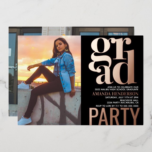 En Aluminium Grad Party Photo Real Foil Invitation (Recto/Verso)