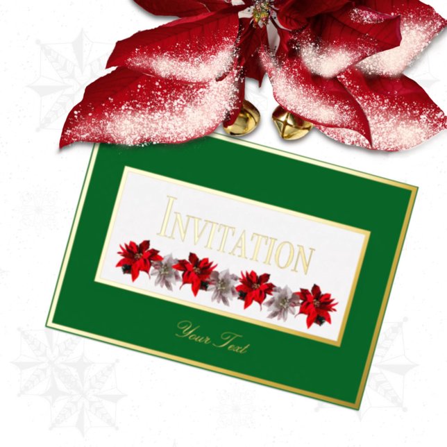 En Aluminium Green With Red Poinsettias Foil Invitation (Créateur téléchargé)