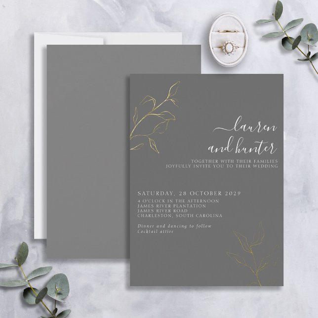 En Aluminium Gris Script Gold Botanique Mariage Foil Invitation (Créateur téléchargé)