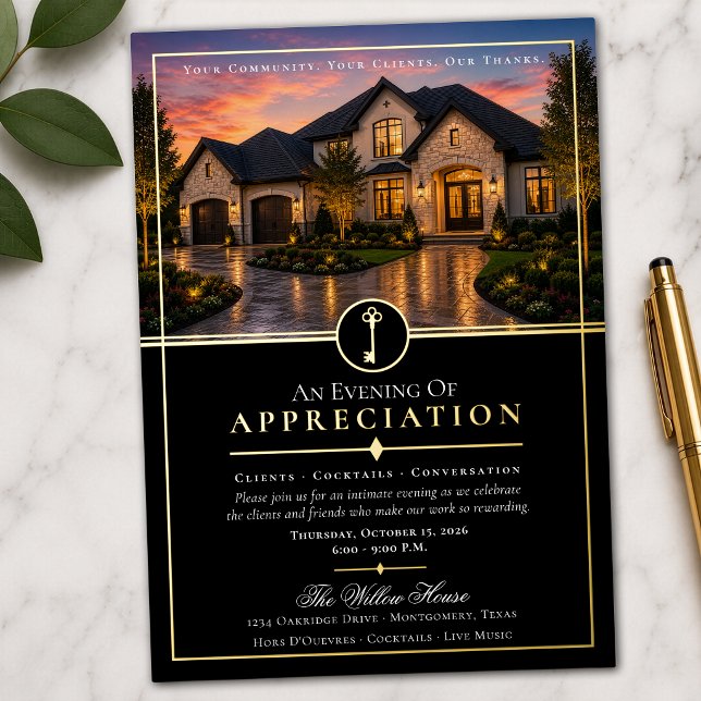 En Aluminium Immobilier de Luxe Invitation de Reconnaissance Cl (Luxury real estate client appreciation gold foil | black invitation -- replaceable community photo )