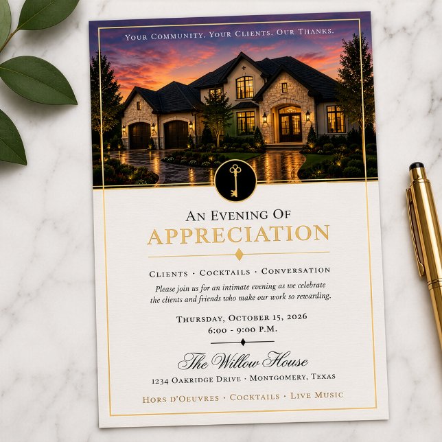 En Aluminium Immobilier de Luxe Invitation de Reconnaissance Cl (Luxury real estate client appreciation invitation with replaceable community photo and gold foil.)