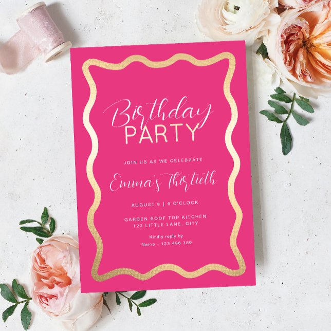 En Aluminium Invitation à l'huile d'anniversaire rose chaud (Hot Pink Gold Foil Birthday Invitation)