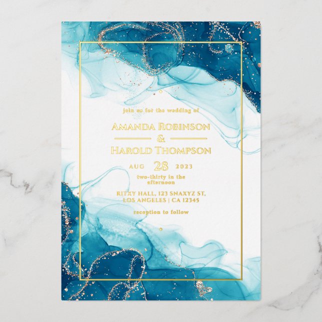 En Aluminium Invitation à l'huile de Mariage Turquoise et Gold (Recto)