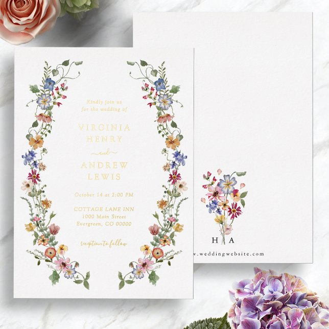 En Aluminium Invitation à l'huile florale d'aquarelle (Colorful Watercolor Floral Foil Wedding Invitation Monogrammed back by Painted Paperie
)