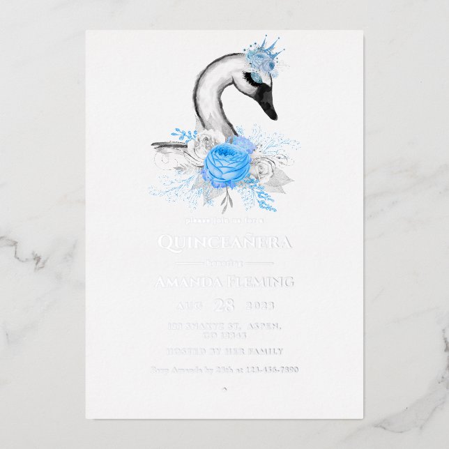 En Aluminium Invitation à l'huile Quinceañera de cygne bleu et  (Recto)